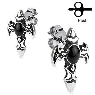 Pair of 316L Stainless Steel Winged Cross with Onyx Stone Stud Post Earrings