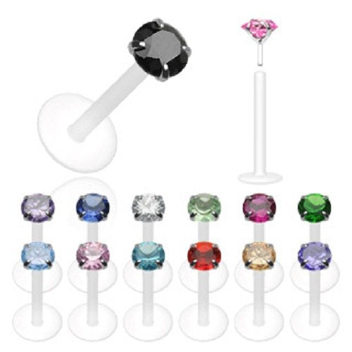 Bio-Flex Shaft with Push-in .925 Silver Prong Gem Labret/Monroe 16g 3/8"