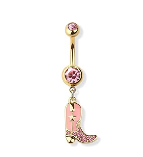 Belly Button Ring Gem Paved Cowboy Cowgirl Boots 316L surgical steel navel pink gold star