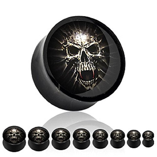 Black Acrylic Saddle Plug with a Mummy Skull Picture Insert - Sold as a pair 00g