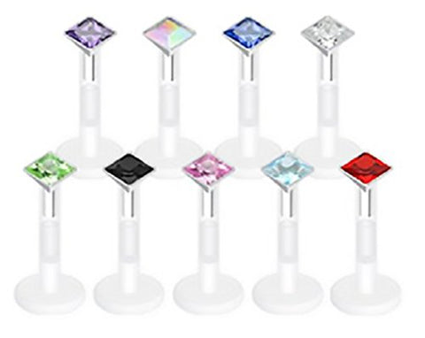 Square Diamond Cut 1/4" Press-Fit CZ Gem Bio-Flex Shaft Labret Monroe body jewelry piercing lip chin tragus