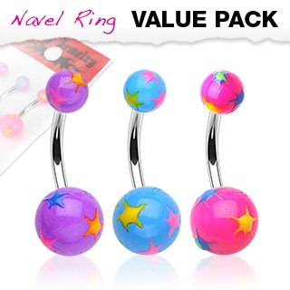 Body Accentz&reg; Belly Button Ring Navel Assorted Color Starburst Acrylic 316L Surgical Steel bar value pack Body Jewelry 14 Gauge