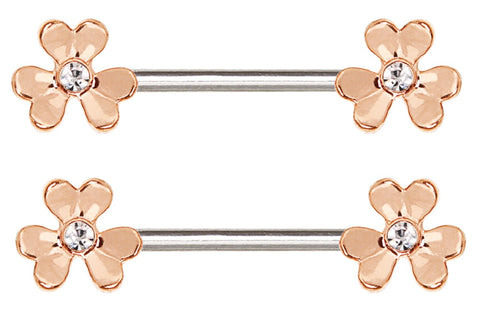 Nipple Ring Bars Stainless Steel Rose Gold Plated CZ Clover Leaf Shamrock pair