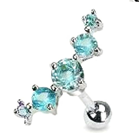 316L Surgical Steel Journey Curve 5 Gems Tragus/Cartilage Piercing stud 6g 1/4"