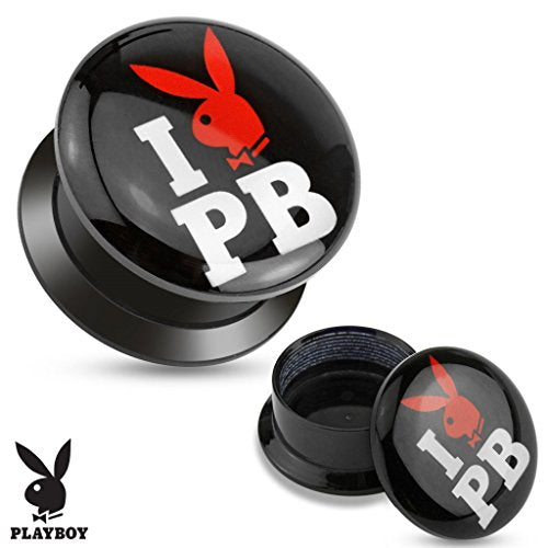 Earrings "I Love Playboy" Print Black Acrylic Flat Screw Fit Plug 1/2" pair