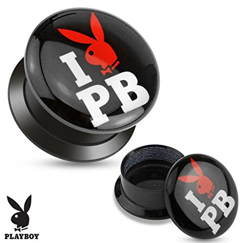 Earrings "I Love Playboy" Print Black Acrylic Flat Screw Fit Plug 0g pair