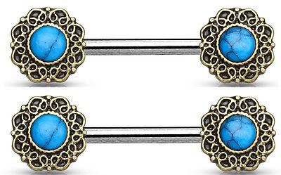 Nipple Ring Bar Turquoise Centered Tribal Heart Filigree  Shield Pair