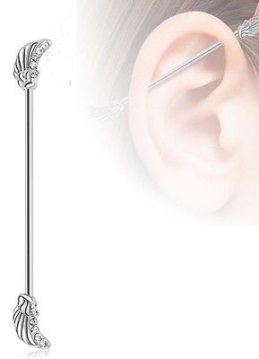 Angels Wings  Lined CZ Gems 316L Surgical Steel Industrial Barbell 14g  1 1/2