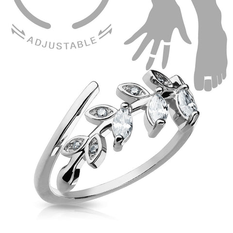 Adjustable Toe Ring/Mid Ring Marquise Cut CZ Set Leaf  Silvertone