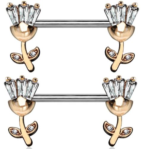 Nipple Bar Princess CZ set Tulip Ends Sparkle Barbell Ring Sold as pair   [Rose Goldtone]