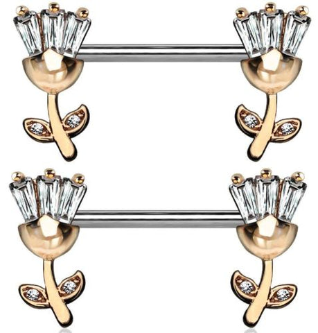 Nipple Bar Princess CZ set Tulip Ends Sparkle Barbell Ring Sold as pair   [Rose Goldtone]