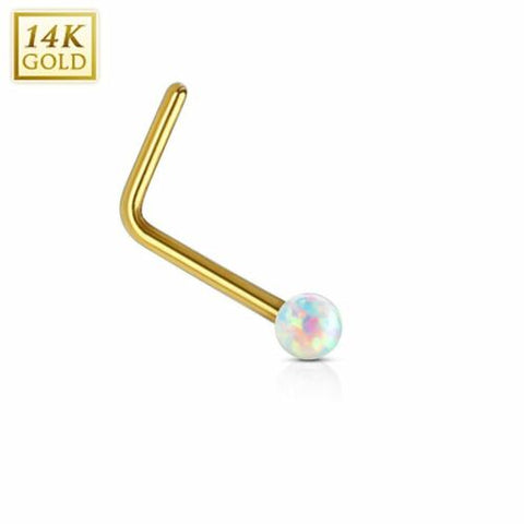 Nose Ring 20g 14Kt. Gold L Bend Nose Stud Ring with 2mm Opal Ball [white] - white