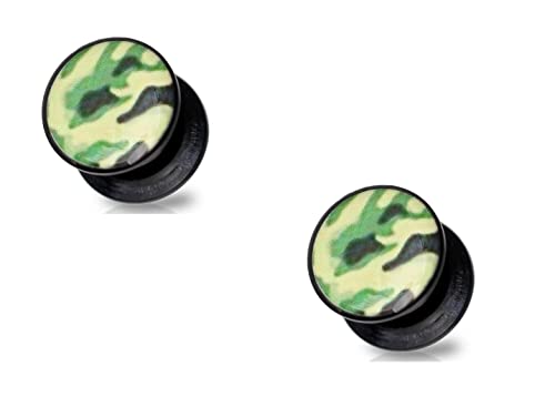 Body Accentz Earrings Rings Ear Plugs Cam Camouflage Print top Black Acrylic Screw fit Plug