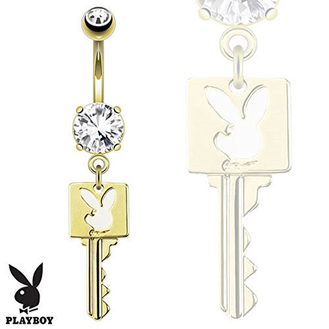 Key with Playboy Bunny Die-Cut Dangle 14kt Gold Plated Navel Belly Button Ring