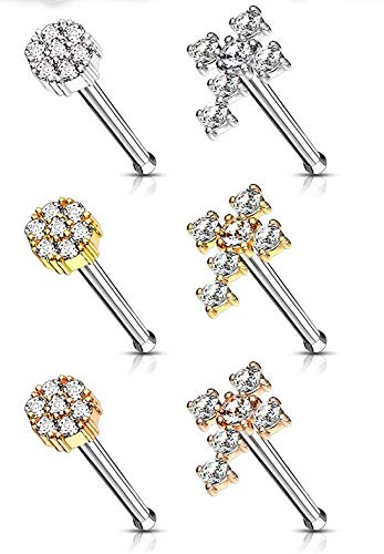 Body Accentz 6 Pcs of CZ Cross and CZ Flower with Double Tiered CZ Center Top 316L Surgical Steel 20 Gauge Nose Stud Rings Gem