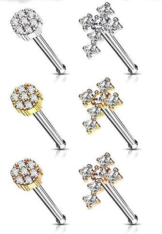 Body Accentz 6 Pcs of CZ Cross and CZ Flower with Double Tiered CZ Center Top 316L Surgical Steel 20 Gauge Nose Stud Rings Gem