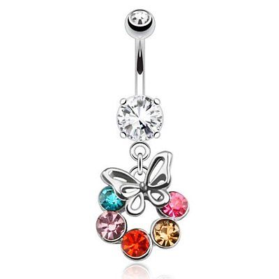 Steel Butterfly with Multi-Color CZs Circle Dangle Navel Ring Belly Button Ring