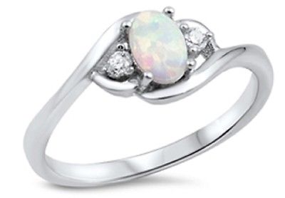 Sterling Silver Ring -   -White Lab Opal, Clear CZ [6]