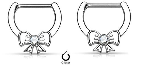 Nipple Rings Clickers Crystal Centered Ribbon Sold as a pair 14g