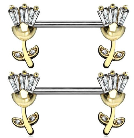 Nipple Bar Princess CZ set Tulip Ends Sparkle Barbell Ring Sold as pair   [Goldtone] - Goldtone