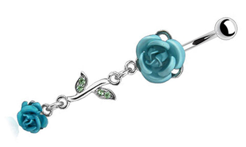 Body Accentz&reg; Belly Button Ring Navel Double Gem Flower Rose Body Jewelry 14 Gauge