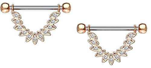 Nipple rings CZ Set Linked Feather Dangle 316L Surgical Steel(Rose Goldtone )