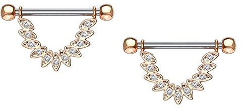 Nipple rings CZ Set Linked Feather Dangle 316L Surgical Steel(Rose Goldtone )