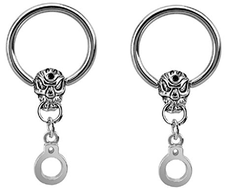 Nipple rings captive bead Skull Handcuff Dangle  316L Surgical Stainless Steel 16g