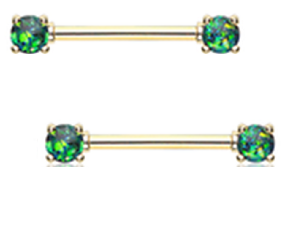 Nipple Bar Golden Opal Glitter Prong Barbell Ring Sold as pair   [Green]