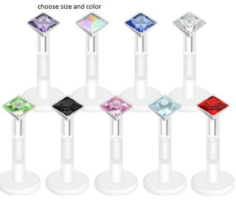 Square Diamond Cut 1/4" Press-Fit CZ Gem Bio-Flex Shaft Labret Monroe body jewelry piercing lip chin tragus