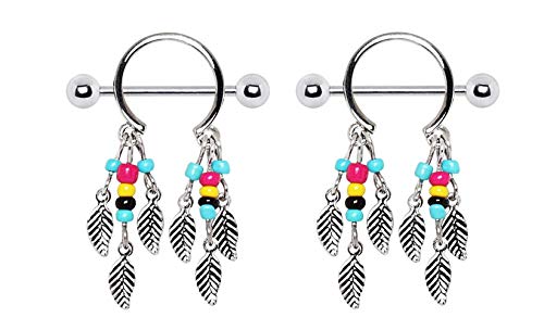 Body Accentz 316L Surgical Steel Multi-Colored Beads Feather Dangle Nipple Shield