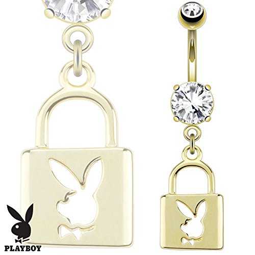 Lock with Playboy Bunny Die-Cut Dangle 14kt Gold Plated Navel Ring Belly Button Ring