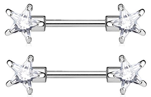 Nipple Ring Bars Surgical Steel Nipple Bar Double Front Facing Star CZ Pair