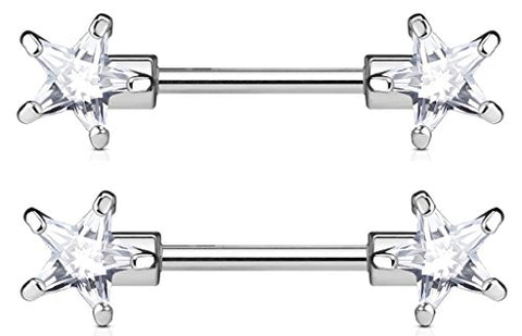 Nipple Ring Bars 316L Surgical Steel Nipple Bar with Double Front Facing Star CZ Prongs Pair