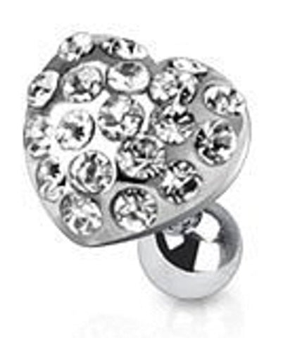 316L Surgical Steel Tragus/Cartilage with Gem Paved Heart Top 16g 1/4" bar