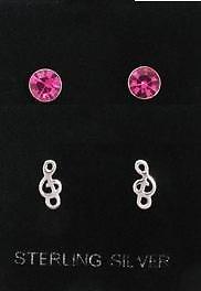 Sterling Silver Mini G-Clef Music Note + Pink Solitaire Earrings on Posts