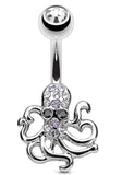Belly Button Ring Crystal Paved Octopus Navel Rings 316L surgical Steel 14g 3/8'' - silvertone