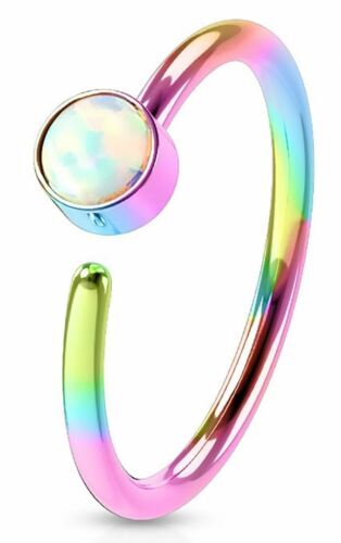 Nose Ring 20g 6mm White Opal Set IP Plating over 316L Surgical Steel Nose Hoop [Rainbow] - Rainbow