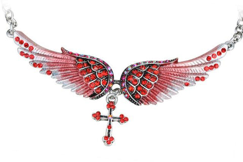 Angel Wing Cross Choker Necklace Guardian Women Biker Crystal Jewelry Gifts Her Girl Silver Color (18+2)''