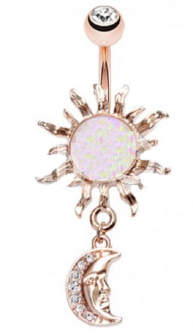 Belly Button Ring Navel 14g Rose Gold Plate Opal Celestial Sun Moon Dangle