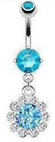 Belly Button ring Surgical Steel Round CZ Flower Paved Gem Petals Navel 14g - Blue