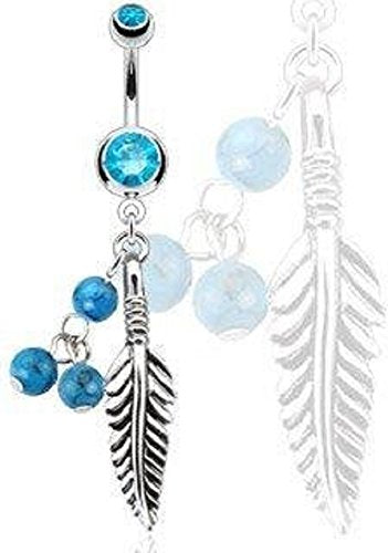 Belly button ring 316L Surgical Steel Feather with Blue Turquoise Semi Precious Navel