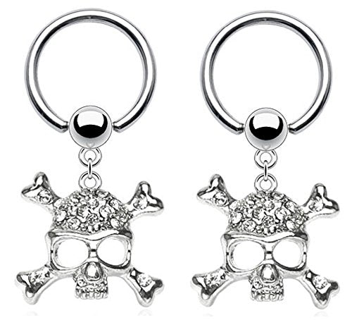 Body Accentz&reg; Nipple Ring Dangle Skull Captive Bead Body Jewelry Pair 16 gauge - Sold as a pair