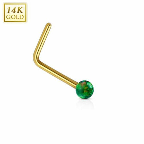 Nose Ring 20g 14Kt. Gold L Bend Nose Stud Ring with 2mm Opal Ball [green] - green