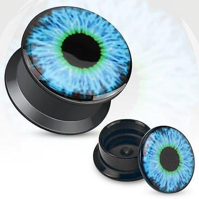 Earrings Ring Black UV Screw Fit Plug  Hollow Blue Eyeball Sold as a pair 1/2"