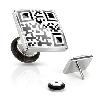 Body Accentz&reg; Earrings Rings 316L Surgical Steel Square with QR Code Message Fake Plug - Sold as a pair