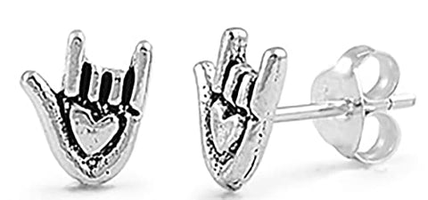 Sterling Silver Mini Sign Language "Love" Heart Earrings On Posts