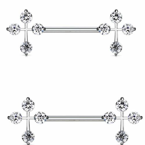 Nipple Bar Princess CZ Cross Ends Sparkle Barbell Ring Sold as pair   [Clear] - Clear