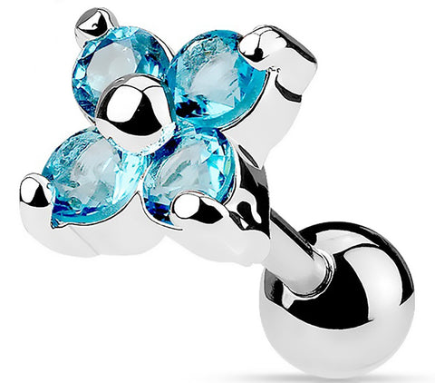 Surgical Steel Flower Quad CZ Tragus/Cartilage Piercing Stud 16g 5mm  1/4" - blue