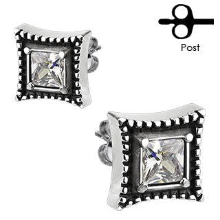 Pair of 316L Surgical Stainless Vintage Casted Square with Princess Cut Clear CZ Stud Earrings